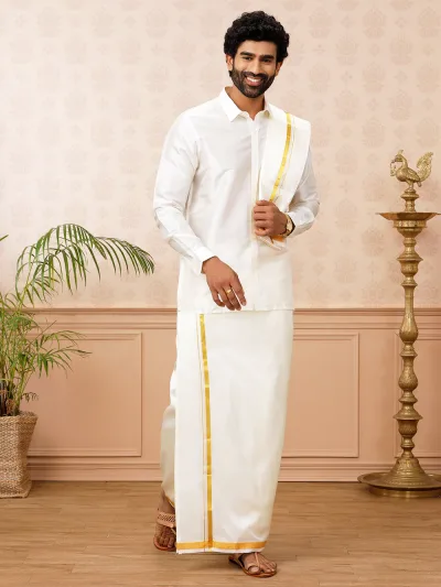 Men Double Layer Cream Dhoti & Towel Set with Gold Jari Border Amirtha Yoga